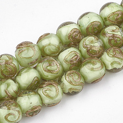 Perles vernissées de sable d'or manuelles , ronde, vert jaune, 10~11x9~9.5mm, Trou: 1.5~2mm