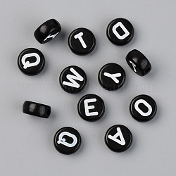 Perles acryliques opaques, avec l'émail, trou horizontal, plat rond avec la lettre initiale, blanc, noir, 9.5x4.5mm, Trou: 2mm, 1580 pcs / 500 g