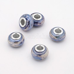 Rondelle main porcelaine grand trou perles européennes, avec platine plaqué doubles noyaux de cuivre, bleuet, 15x10mm, Trou: 5mm