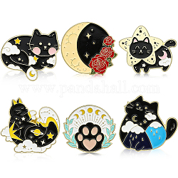 CHGCRAFT 6Pcs 6 Style Cat with Moon Enamel Brooch Pins Star Brooches Pin Cute Alloy Brooches Cartoon Cat and Moon Enamel Brooch Pins for Clothes Accessories Gifts, Length 25mm to 31mm