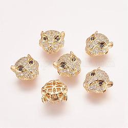 Brass Micro Pave Cubic Zirconia Leopard Beads, Golden, 11.5x11.5x7mm, Hole: 1mm