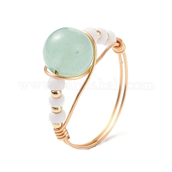 Anello per dito avvolto in filo di avventurina verde naturale, anello di perline intrecciate con perle di conchiglia per ragazze donne, misura degli stati uniti 10 1/4 (19.9mm)