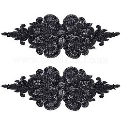 Appliques di perline di vetro con motivo floreale, applicazioni in pizzo di poliestere, con paillettes, nero, 120x305x3mm