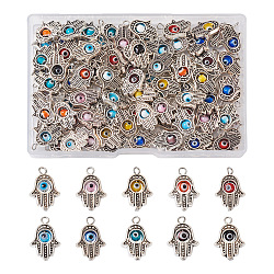 100 pz 10 colori pendenti in lega di stile tibetano, con perline fatte a mano a lume di malocchio, hamsa mano/mano di miriam, colore misto, 20x13x4mm, Foro: 3.5 mm, 10 pz / colore