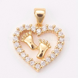 Brass Micro Pave Cubic Zirconia Pendants, Heart with Foot, Clear, Golden, 16x16x3mm, Hole: 3.5x4mm
