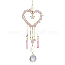 Perles de quartz rose naturel avec accessoires en laiton, décorations suspendues, attrape-soleil suspendu en forme de cœur, 252~270mm