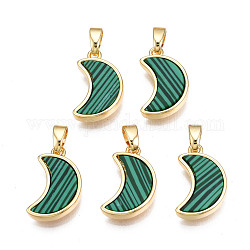 Real 18K Gold Plated Brass Pendants, with Synthetic Malachite Cabochons, Cadmium Free & Nickel Free & Lead Free, Moon, Malachite, 15.5x10x3mm, Hole: 2.5x5mm
