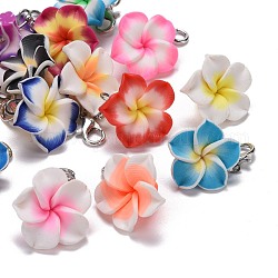 Polymer Clay Pendants, with Alloy Lobster Claw Clasp, Plumeria Flower, Mixed Color, 30mm
