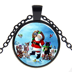 Weihnachtsthema Glas Anhänger Halsketten, mit Legierung-Zubehör, flache Runde mit Weihnachtsmann und Tieren, Metallgrau, 17.7 Zoll (45 cm), Anhänger: 27 mm