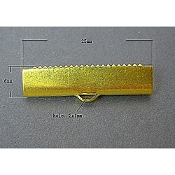 Golden Color Brass Ribbon Crimp Ends, Lead Free and Cadmium Free, Size: about 6mm wide, 25mm long, 4mm thick, hole: 2x1mm