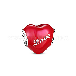 Tinysand rodiato 925 perlina europea in argento sterling, con smalto, cuore con la parola amore, per San Valentino, platino, rosso, 11.97x9.34x10.72mm, Foro: 4.66 mm