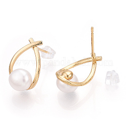 Natural Pearl Teardrop Stud Earrings, Brass Earrings with 925 Sterling Silver Pins, Cadmium Free & Nickel Free & Lead Free, Real 18K Gold Plated, 16.5x10mm, Pin: 0.8mm