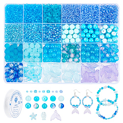 Nbeads diy kit para hacer pulseras con tema del océano, incluyendo perlas de vidrio redondas, de pescado, de estrella de mar y de cola de pez, hilo elástico, azul, abalorios: 2~19x2~19.5x2~8 mm, agujero: 1~1.6 mm