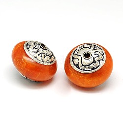 Ручной тибетском стиле бисера, Таиланд 925 стерлинговое серебро с бирюзой, Коралл и пчелиный воск, плоско-круглые, античное серебро, оранжево-красный, 22x17.5 мм, отверстие : 2 мм