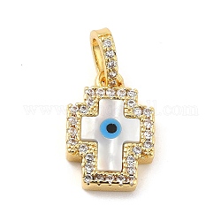 Brass Micro Pave Cubic Zirconia Pendants, with Cellulose Acetate(Resin) Evil Eye, Golden, Cross, 15.5x10.5x3mm, Hole: 5x3.5mm