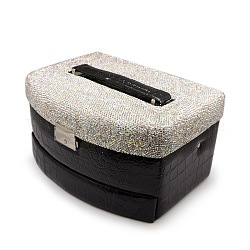 Rectangle Imitation Leather Rhinestone Jewelry Boxes for Girl, with Velvet, Mirrors and Alloy Findings, Black, 235x170x130mm