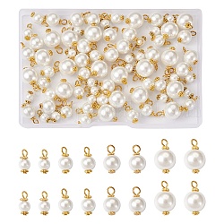 Colgantes de perlas de vidrio teñido ecológico craftdady 80pcs 4 estilo, con cuentas espaciadoras de margaritas de aleación y pasadores de cabeza plana de hierro, redondo, dorado, blanco, 12.5~19x6~12mm, agujero: 2.5~3.5 mm, 20 piezas / style