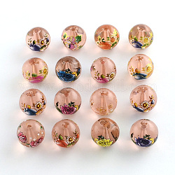Flower Picture Transparent Glass Round Beads, Mixed Color, 14x13mm, Hole: 1.5mm