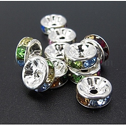 Perline distanziatori strass in ottone, grado a, colore argento placcato, rondelle, colorato, misura:circa8mm di diametro, 3.5 mm di spessore, Foro: 2 mm