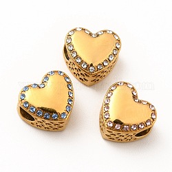 304 perline europei in acciaio inox, perline con foro grande, con strass, cuore, oro, colore misto, 11.5x12.5x8.2mm, Foro: 4.2 mm