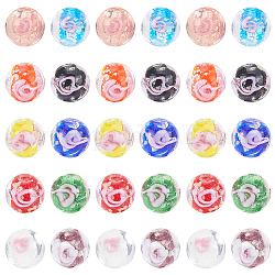 Pandahall elite 60 pièces 10 couleurs perles de lampwork de fleurs intérieures lumineuses faites à la main, ronde, couleur mixte, 9~10mm, Trou: 1~2mm, 6 pcs / couleur