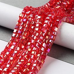 Electroplate Glass Bead Strands, AB Color Plated, Faceted, Cube, Red, 4x4x4mm, Hole: 1mm, about 98pcs/strand, 15.7 inch