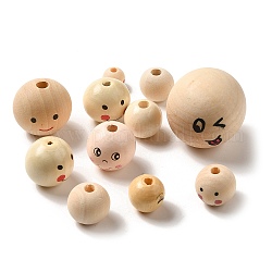 Wood European Beads, Round with Smiling Face, Wheat, 12~39x10.5~39mm, Hole: 4~6mm