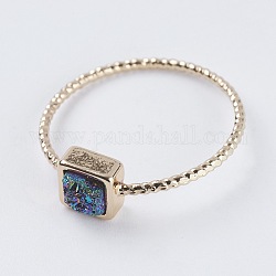 Natural Druzy Agate Finger Rings, with Brass Findings, Square, Light Gold, Blue Plated, US Size 7 1/4(17.5mm)