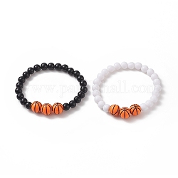 Bracciali elasticizzati con perline da basket in acrilico, set di braccialetti per coppie con perline rotonde in bianco e nero, colore misto, diametro interno: 2-1/4 pollice (5.6 cm), 2 pc / set