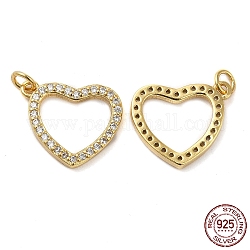 925 Sterling Silver Micro Pave Cubic Zirconia Charms, Heart Charm, with Jump Ring, Real 18K Gold Plated, 11x13x1.5mm, Hole: 2.3mm