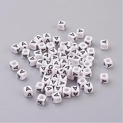 Letter A Cube Acrylic Beads, Horizontal Hole, White, 6mm in diameter, hole: 3.2mm, about 300pcs/50g