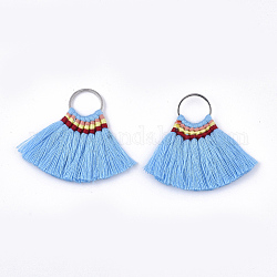 Décorations pendentif pompon en polycoton (coton polyester), avec les accessoires en laiton, fan, platine, lumière bleu ciel, 40~45x48~57x3mm, Trou: 13mm