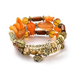 Bracelet boho multi-brins perles turquoises synthétiques irrégulières, bracelet à breloques fleurs, perles de bois bracelet, bijoux ethniques pour femmes, Or antique, saumon clair, diamètre intérieur: 1-7/8 pouce (4.9 cm)