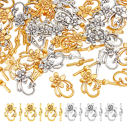 Dikosmetisch, 40 Stück, 2 Farben, Blumen-Knebelverschlüsse aus Legierung im tibetischen Stil, Bleifrei und cadmium frei, antikem Silber & antike Gold, Blume: 28x20 mm, Bar: 30x5 mm, Bohrung: 2 mm, 20 Stk. je Farbe