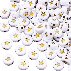 Perline acrilico opaco, piatta e rotonda con stella, bianco, oro placcato, 7x4mm, Foro: 1.5 mm, circa 1800pcs/250g