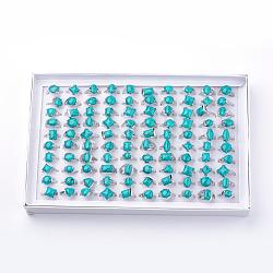 Anneaux turquoises synthétiques, avec les accessoires en alliage, taille mixte, forme mixte, platine, 16~20 mm, 100 pcs / boîte