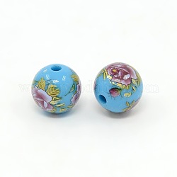 Flower Printed Opaque Acrylic Round Beads, Dark Turquoise, 10mm, Hole: 1mm