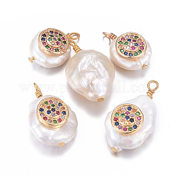 Natural Cultured Freshwater Pearl Pendants, with Brass Micro Pave Cubic Zirconia Findings, Nuggets with Flat Round, Golden, Mixed Color, 17~26x11~16x5~11mm, Hole: 1.6~2mm