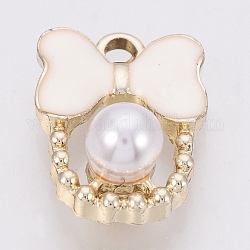 Pendente smaltati in lega, con perla in plastica imitazione abs, bowknot, oro, bianco, 18x13x7.5mm, Foro: 2 mm