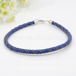 Braided Leather Bracelets, with 925 Sterling Silver Findings and Lobster Claw Clasps, Royal Blue, 210x4mm