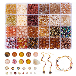 Pandahall elite fai da te perline creazione di gioielli kit di ricerca, inclusi semi, vetro, acrilico e perle di occhio di tigre gialle naturali, tondo & pepita & bicono, cammello, 2~16.5x2~11.5x2~9.5mm, Foro: 0.9~2 mm, 6120pcs/scatola