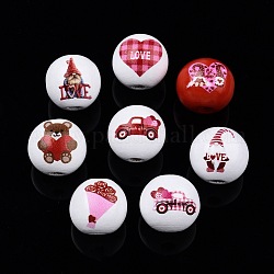 Perles en bois imprimées sur le thème de la saint valentin, ronde, couleur mixte, formes mixtes, 15.5~16x15mm, Trou: 3.5mm