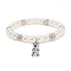 Bracelet extensible perlé imitation perle et strass en plastique abs avec breloque en alliage pour femme, blanc, Motif Ours, prenant: 17.5x9.5x5mm, diamètre intérieur: 2-1/8 pouce (5.3 cm)