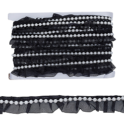 Bordure en dentelle de polyester, avec des perles d'imitation de perles, plat, noir, 1-1/8 pouce (28 mm), 10yard / carte