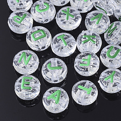Chapado de perlas de acrílico transparente, con polvo del brillo, metales enlaced, agujero horizontal, plano y redondo con la letra, verde lima, 10x6mm, agujero: 1.8 mm, aproximamente 1580 unidades / 500 g