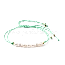 Nylon regolabile bracciali intrecciati cavo di perline, con perle d'acqua dolce coltivate naturali e perle di ottone placcato oro, verde lime, diametro interno: 1/2 pollice ~ 3-3/4 pollici (1.4~9.5 cm)