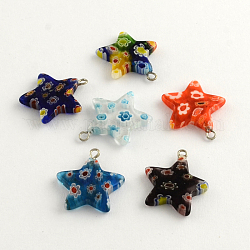 Handmade Millefiori Glass Pendants with Platinum Plated Iron Findings, Star, Mixed Color, 22x21x4mm, Hole: 2mm