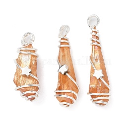 Electroplated Raw Rough Natural Quartz Crystal Copper Wire Wrapped Pendants, Copper Plated Teardrop Charms with Brass Star Beads, Platinum, 29~35x8~10x7~10.5mm, Hole: 3.5mm