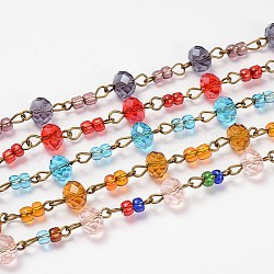 Catene di perle di vetro rondelle per creazione di bracciali collane, con perline in vetro e perni in ferro bronzo antico, senza saldatura, colore misto, 39.3 pollice
