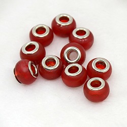 Handmade Lampwork European Beads, with Platinum Brass Double Cores, Rondelle, Dark Red, 13~14x10mm, Hole: 4.2mm